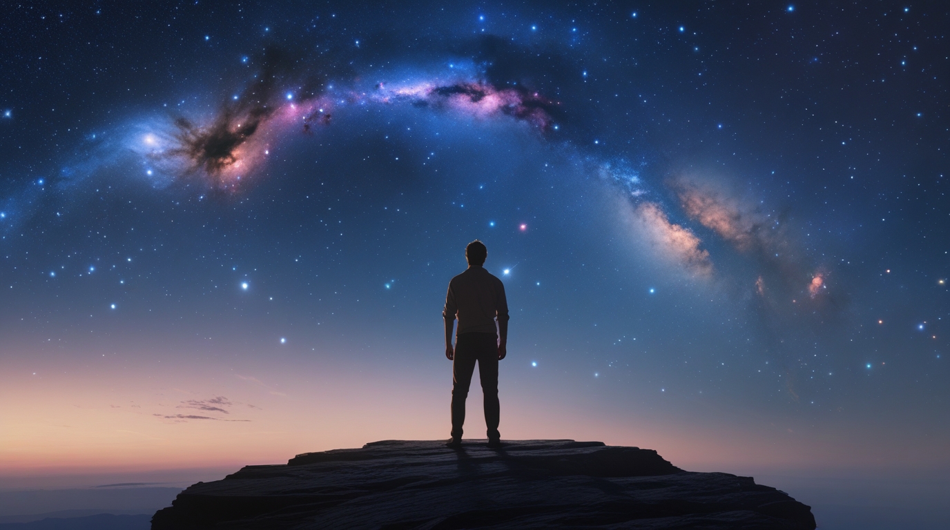 Lone figure under galactic sky