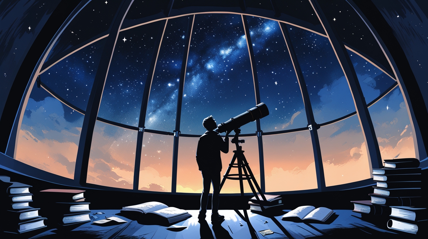 Figure in observatory with telescope