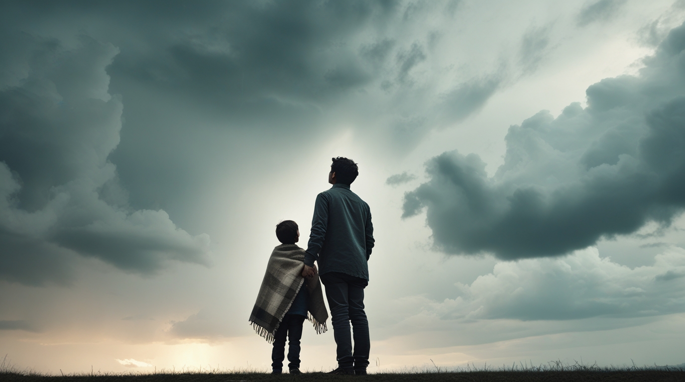 Parent and child staring at sky