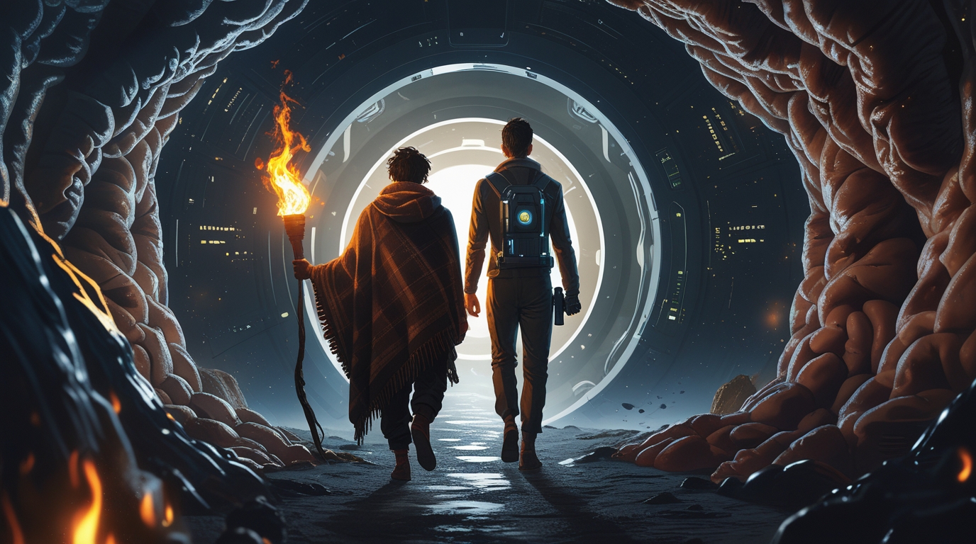 Two figures walking