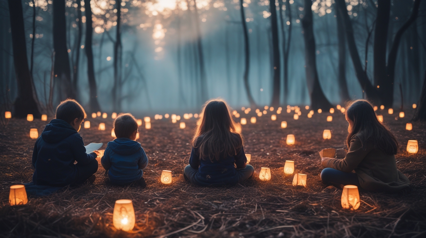 Children gathered with lanterns in forest